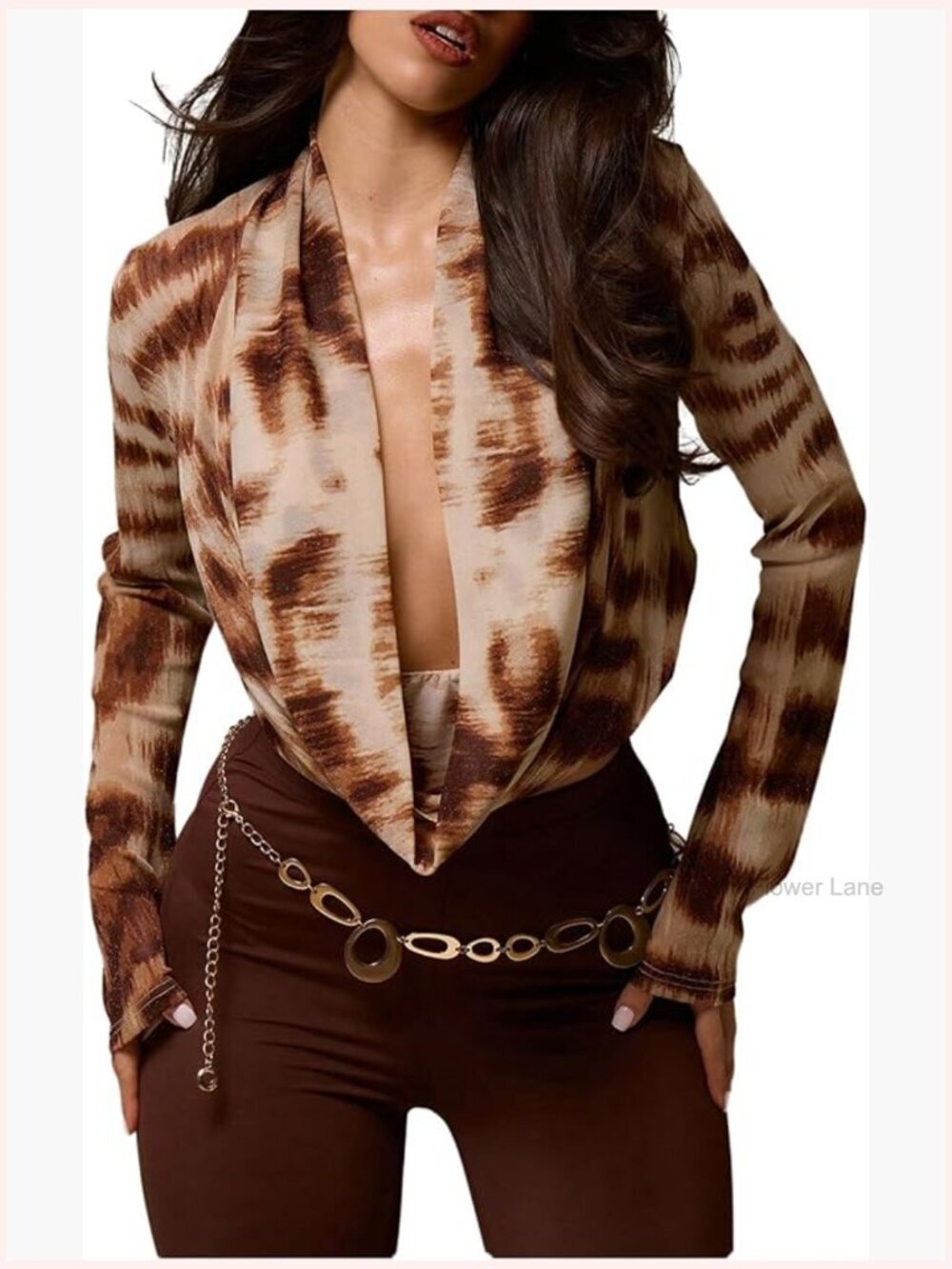 Cheetah Print Sparkly Chiffon Deep V Neck Draped Party Crop Top Blouse